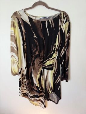 Peter Nygard Black and Yellow Abstract Twist-Front Long Sleeve Top size medium